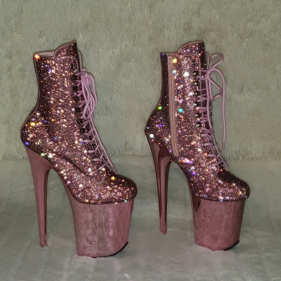 Pleaser Shoes - Bejeweled Baby Pink Rhinestone 8" Heel Platform Ankle Boots Flamingo